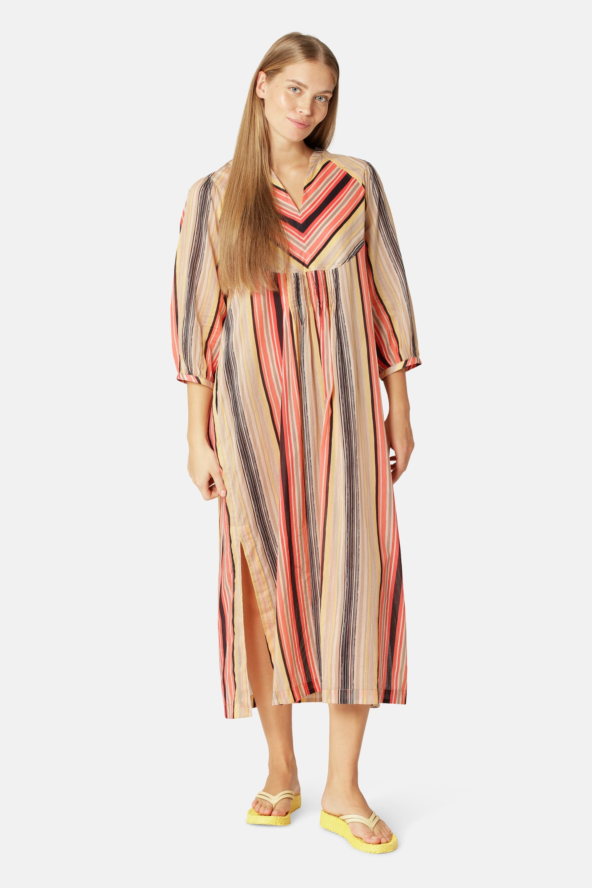 Lang Kjole med Ballongermer Pintuck - Red Organic Stripe